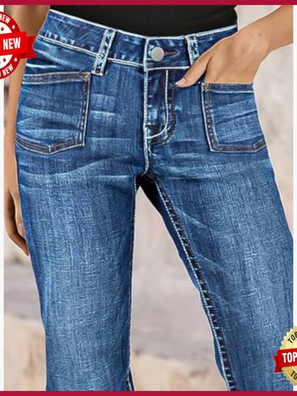 Mid Rise Bootcut Jeans Stretchy Denim Pants with Patch Pockets - Picture 5 of 7